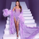 Feather Cloak Sleeves Open Back Prom Dress